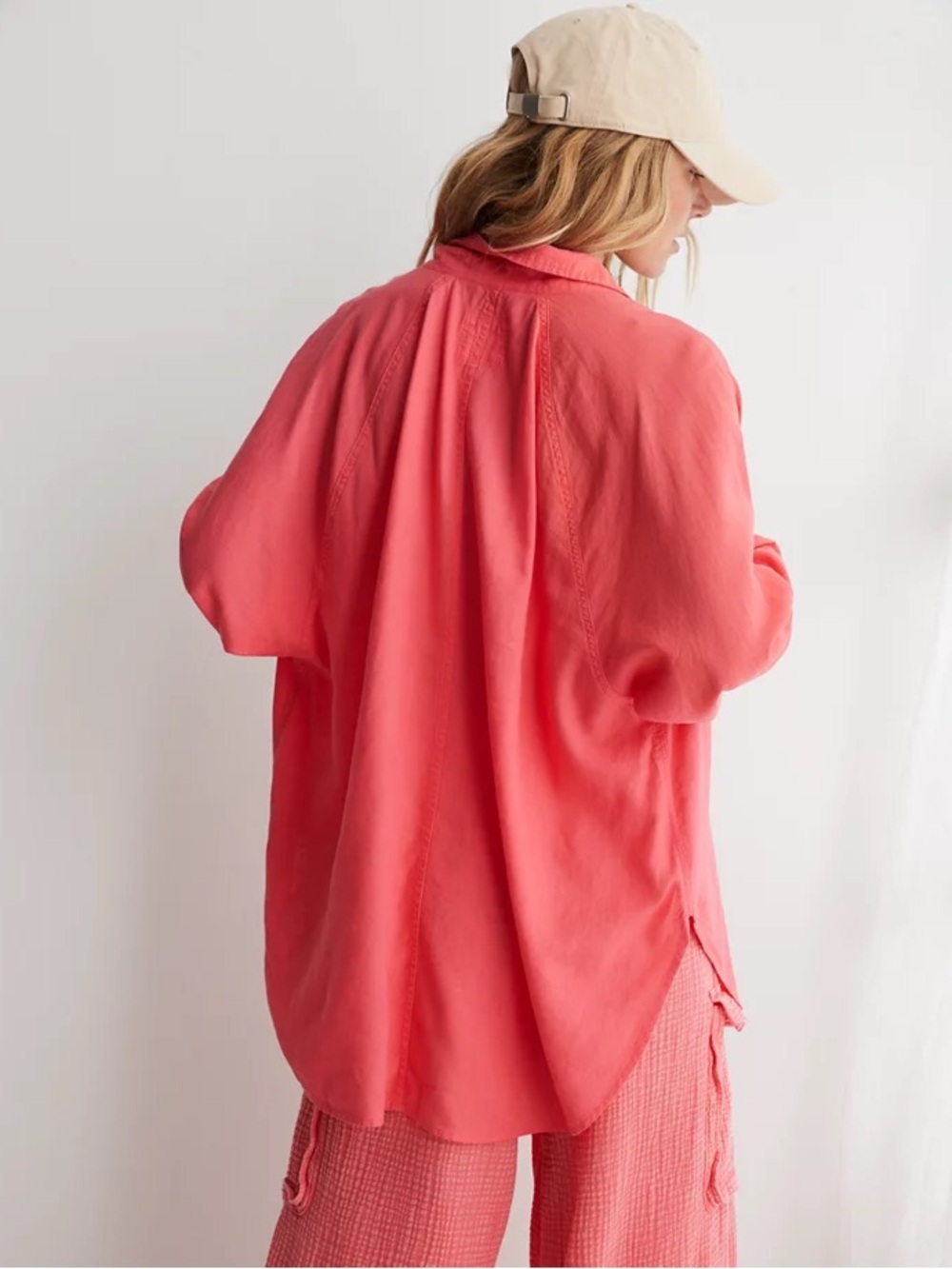Aerie Linen Blend Coverup Long Sleeve Button Down Shirt in Haute Coral sz Small